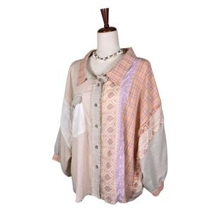 Oli & Hali Patchwork Shirt Size XL Multicolor Crop Boxy Button Up Linen & Cotton